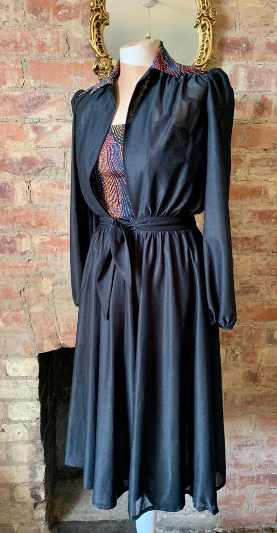 Vintage Black Dress and Bolero. 1970s Two Piece Dress for Vintage Dressing Size 10-12