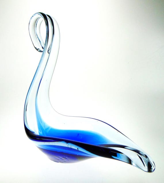 Vintage Art Glass Swan Sculpture Bowl in Cobalt Blue & Clear Glass. Murano Style Mid Century Art Glass