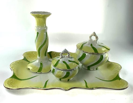 Antique Vanity Tray in Porcelain with 2 Lidded Jars and Candlestick. Antique Vanity. 1900s Vanity Tray for Dressing Table