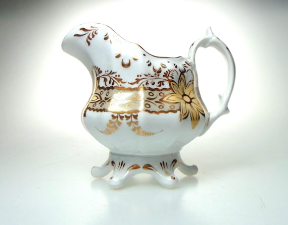 Victorian Milk Jug or Creamer in White and Gold Porcelain. Antique Jug or Pitcher