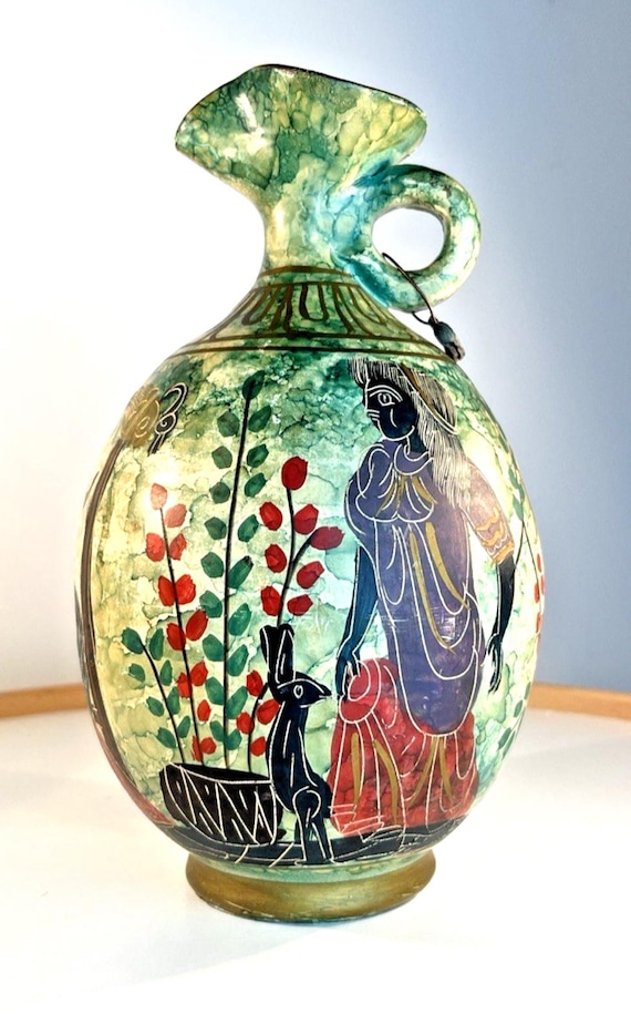 Vintage Handmade Portugues Jug or Vase Hand Painted in Green Red Blue H21cm