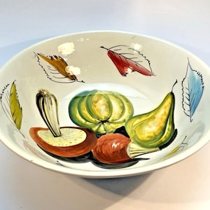 Large Vintage Italian Serving Bowl, Hand Painted Vegetables & Leaf Design D30cm