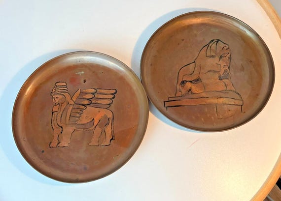 Vintage Egyptian Metal Copper Inlay Decorative Plate Plaque Egypt 20cm Diameter