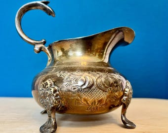 Vintage Silver Plated Cream Jug / Milk Pitcher Ornate Floral Engraved Bulbous