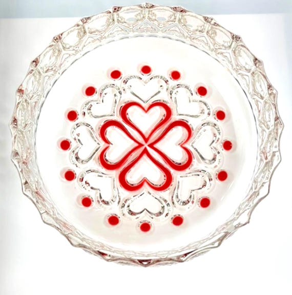 Vintage Walther Glass Heart Dish or Bowl. Red Hearts Glass Bowl Rare Germany