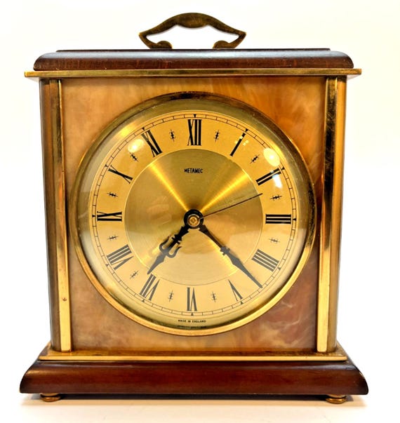 Vintage 1960s Metamec Mantel Clock in Gold Tone Metal, Dark Wood, Faux Marble