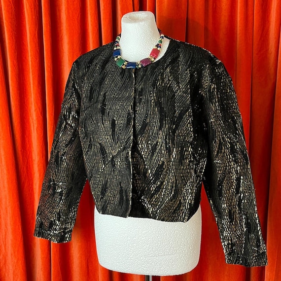 Vintage Evening Bolero Style Jacket in Metallic Gold with Colour Sixe 18