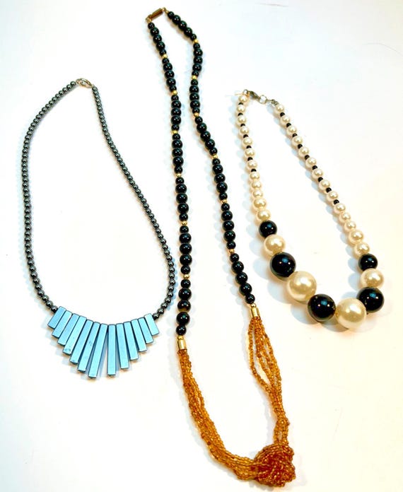 3 Vintage Necklaces Costume Necklaces 1980/1990s Anthracite Pearl Beads Black