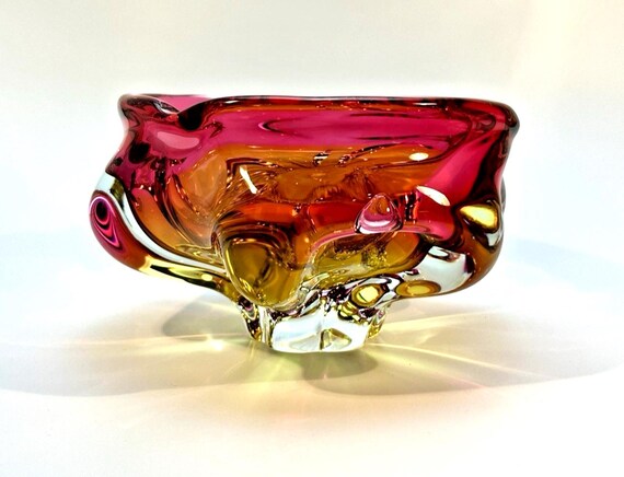 1960s Mid Century Chribska Art Glass Bowl by Josef Hospodka Cranberry & Yellow Czech