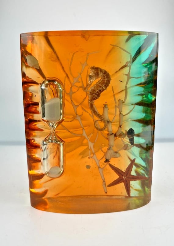1960s Lucite Paperweight Egg Timer with Sea Life. Vintage Paperweight H12cm W9cm