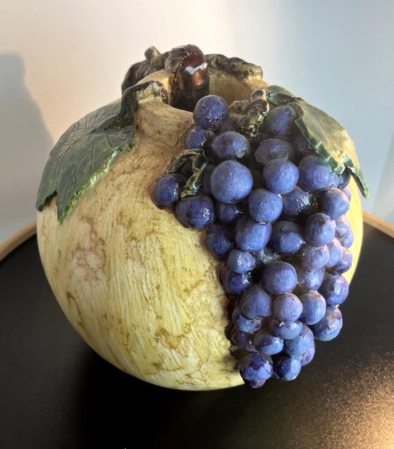 Huge Decorative Jug with Grapes and Bark Type Handle Majolica Style 6.5k, Plaster