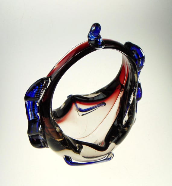 Vintage Murano Glass Basket or Handled Bowl in Blue, Red and Clear Glass