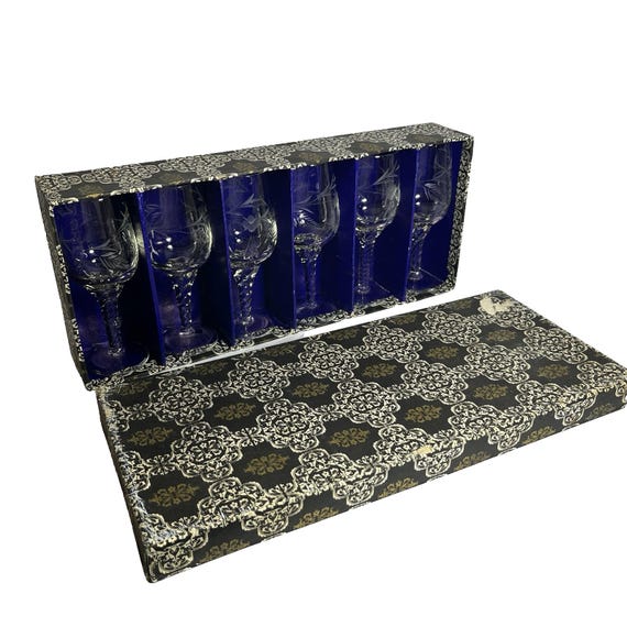 Set of 6 Etched Cordial Glasses. Mid Century Stemmed Glasses in Original Box VGC