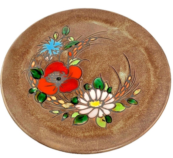 Vintage Vallauris Studio Pottery Plate by J G Picard. 26cm in Terracotta. Hand Painted and Hand Made Collectable Plate