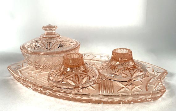 1930s Vanity Tray in Salmon Glass. Pair of Candle Holders, Tray, Lidded Bowl