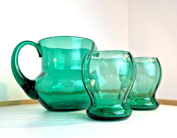 Mid Century Green Glass Water Jug & 2 Water Tumblers Vintage Green Glass Pitcher