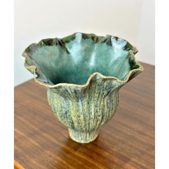 Signed Handmade Ikebana Vase, Vintage Handkerchief Pottery Vase Green Sculptural