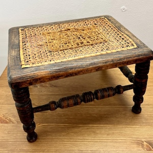 Antique Wooden Footstool with Woven Cane Seat – Small Vintage Stool c1900s