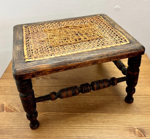 Antique Wooden Footstool with Woven Cane Seat – Small Vintage Stool c1900s