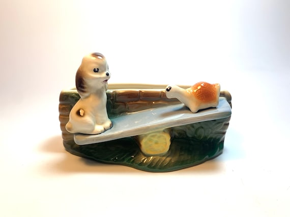 Hornsey Turtle and Dog on Seesaw Figurine. Mid Century Collectable Hornsey Trinket Holder.
