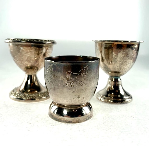 3 Silver Plated Egg Cups. Vintage Egg Cups. Angora Egg Cup, Falstaff Egg Cup