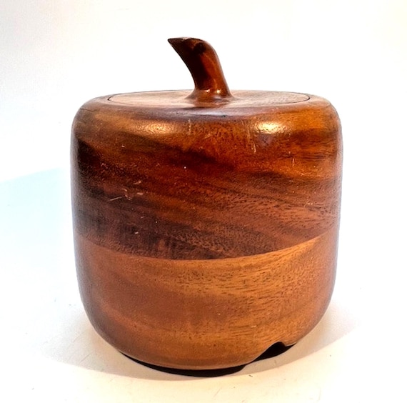 Vintage Teak Turned Wood Tobacco Storage Pot Jar with Lid and Finial Handle