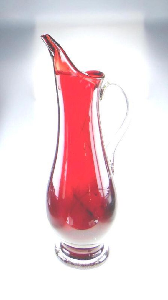 Mid Century Ruby Glass Pitcher or Jug. Large Vintage Water Jug or Pitcher or Vase