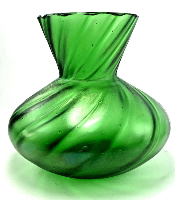 Art Nouveau Green Glass Vase with Lustre Finish and Swirl Pattern. Bouquet Vase