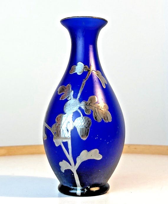 Antique Art Nouveau Carl Goldberg Haida Vase – Blue Satin Glass, Silver Oak Leaf