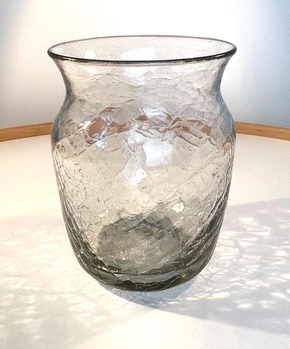 Mid Century Crackle Glaze Vase is Smoked Gray Colour Glass. 1960s Crackle Vase