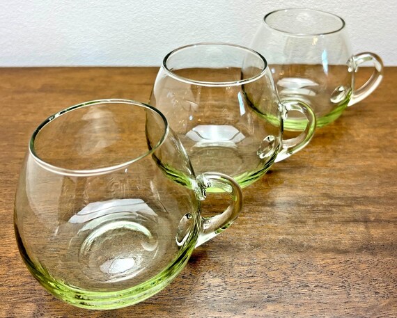 Vintage Spanish Glass Mugs Set of 6 Green Tint Hand Blown 1960s Unused in Box