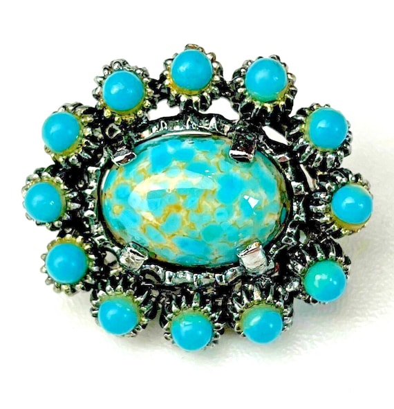 Mid Century Turquoise Brooch in a Silver Metal Vintage Pin Brooch 1960s Pin VGC