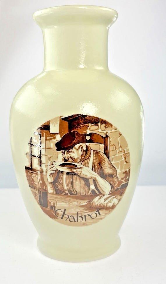 Vintage Castelroux French Porcelain Pottery Vase & Image of Elderly Man Dining