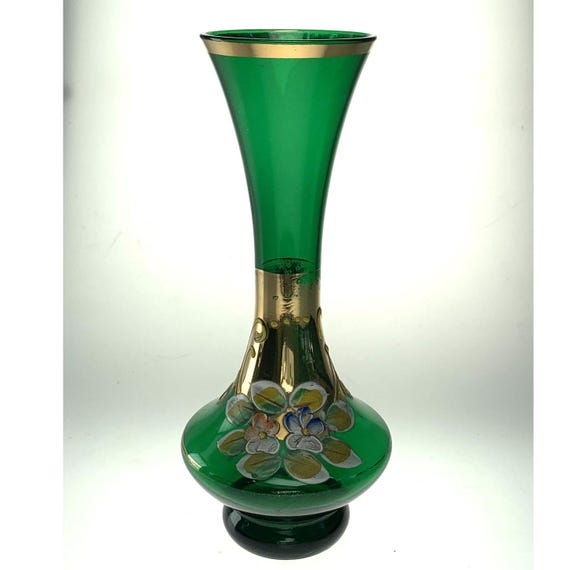 Green Glass Single Stem Vase, Bud Vase. Bohemian Czech Glass Vase in Green Glass with Flowers
