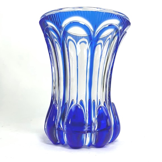 Bohemia Crystal Vase with Blue Overlay. Blue Crystal Vase with Arch Pattern 1930s Crystal Flower Vase