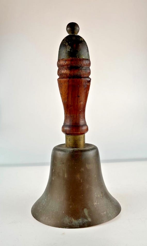 Vintage Brass Hand Bell / School Bell with Turned Wood & Brass Handle Height 17cm Loud Bell