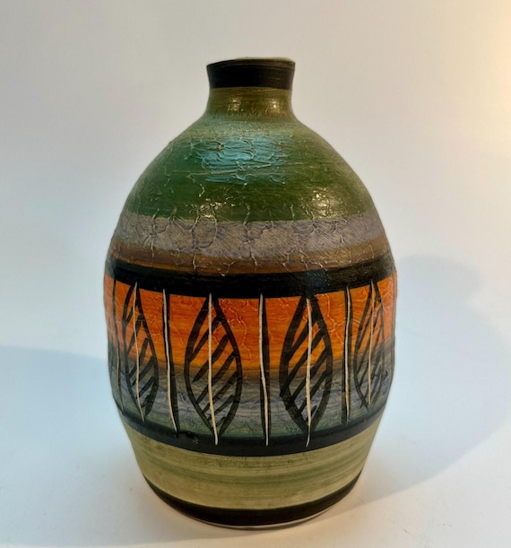 Vintage Langdale Pottery Vase Geometric Leaf Design, Studio Art Pottery
