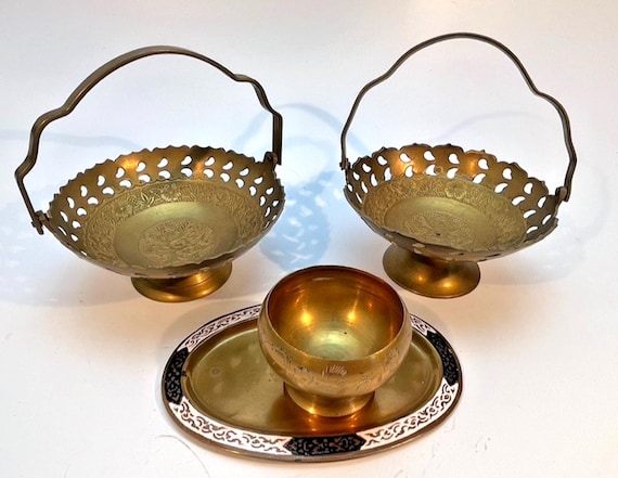 Vintage Indian Brass Bowl & Tray Collection: Enamel Detail