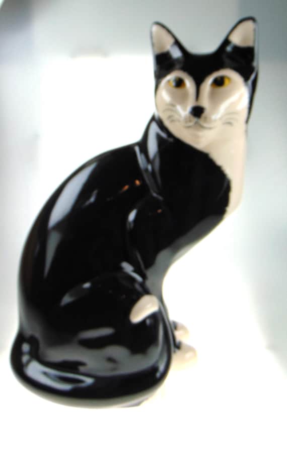 Large Black & White Cat Figurine in Seated Pose - 32cm Tall
