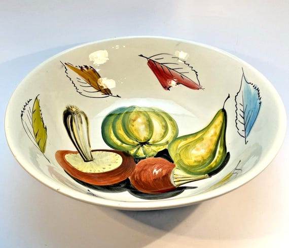 Large Vintage Italian Serving Bowl Hand Painted Vegetables & Leaves Pottery 30cm