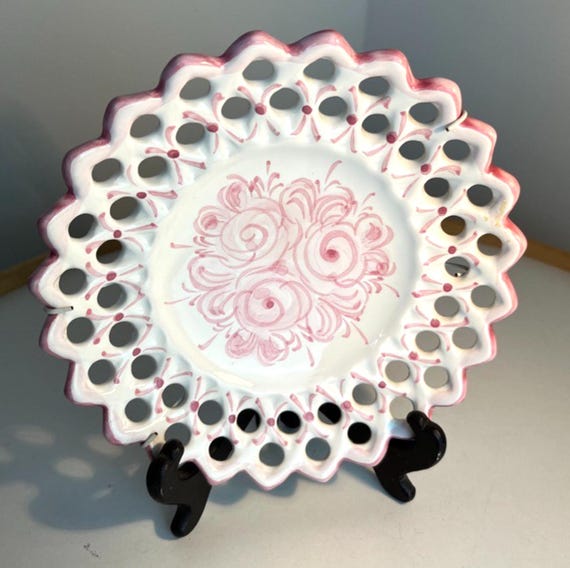 Vintage Portuguese Reticulated Decorative Wall/Display Plate Pink & White 18cm