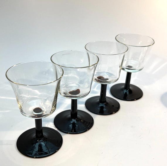 Set of 4 Vintage Stemmed Glasses. Liquor Glasses with Black Glass Stems