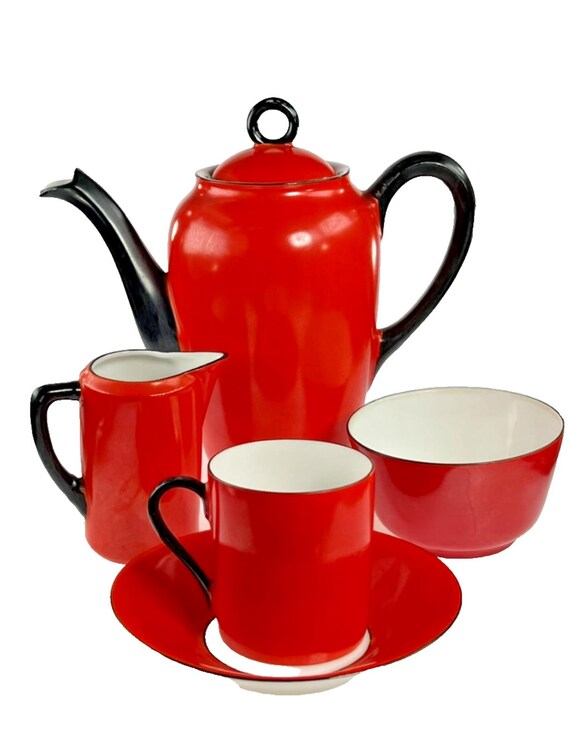Rare Coffee Pot and Coffee Set in Red and Black Enamel Set of 4 Cups & Saucers. Czech Porcelain