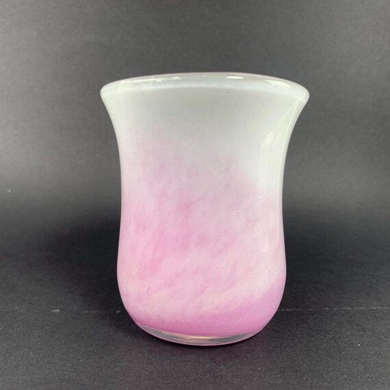 Vintage Art Glass Vase for Flowers in Pink and White Ombre Glass. Signed on Base by Artist