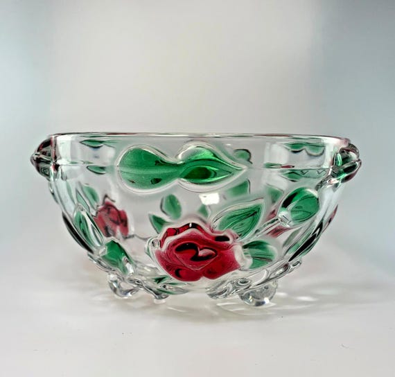 Vintage Walther Glas Serving Bowl or Decorative Bowl. Vintage West Germany. Glass Bowl with Red & Green Roses Detail