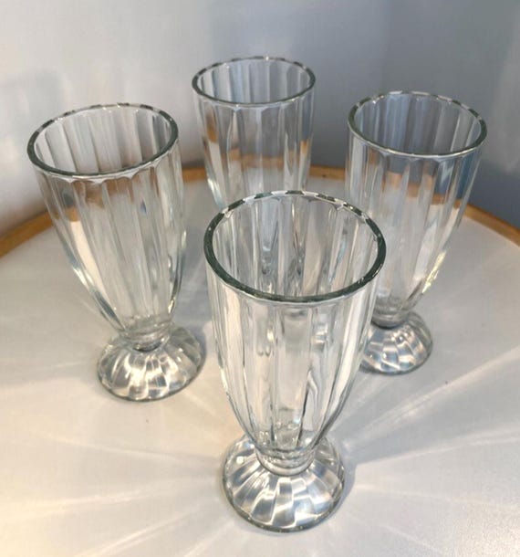 4 Vintage Sundae Glasses, Milkshake Glasses. H18cm x W8cm. Tall Ribbed Glasses