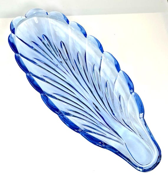 Vintage Blue Glass Leaf Plate. Decorative Plate or Dish Mid Century 25.5cm