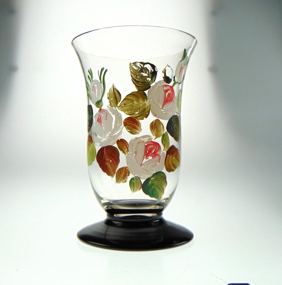 Vintage Glass Vase with Hand Painted Floral Art Design