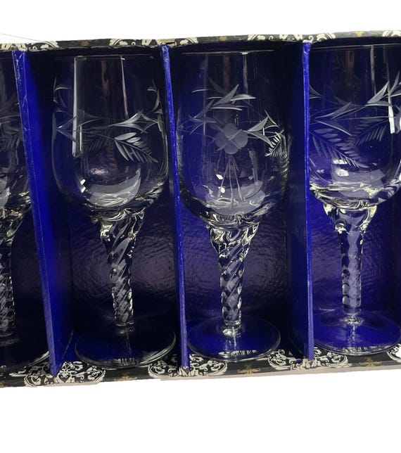 Set 6 Mid Century Etched Cordial Wine Glasses Vintage Stemmed Glassware Boxed
