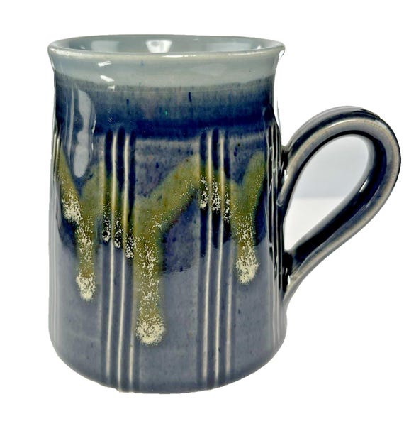 Agnew Pottery Mug Hand Made Pottery Mug. Drip Glaze, Blue, Hand Painted Detail